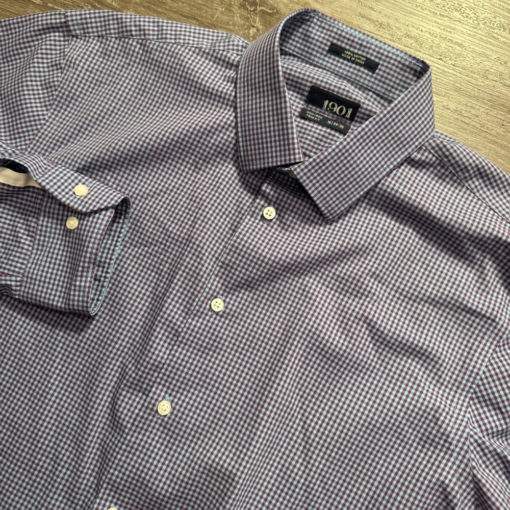1901 Shirt Mens 16 34-35 Blue Cotton Non-Iron Trim Fit Check Business Preppy